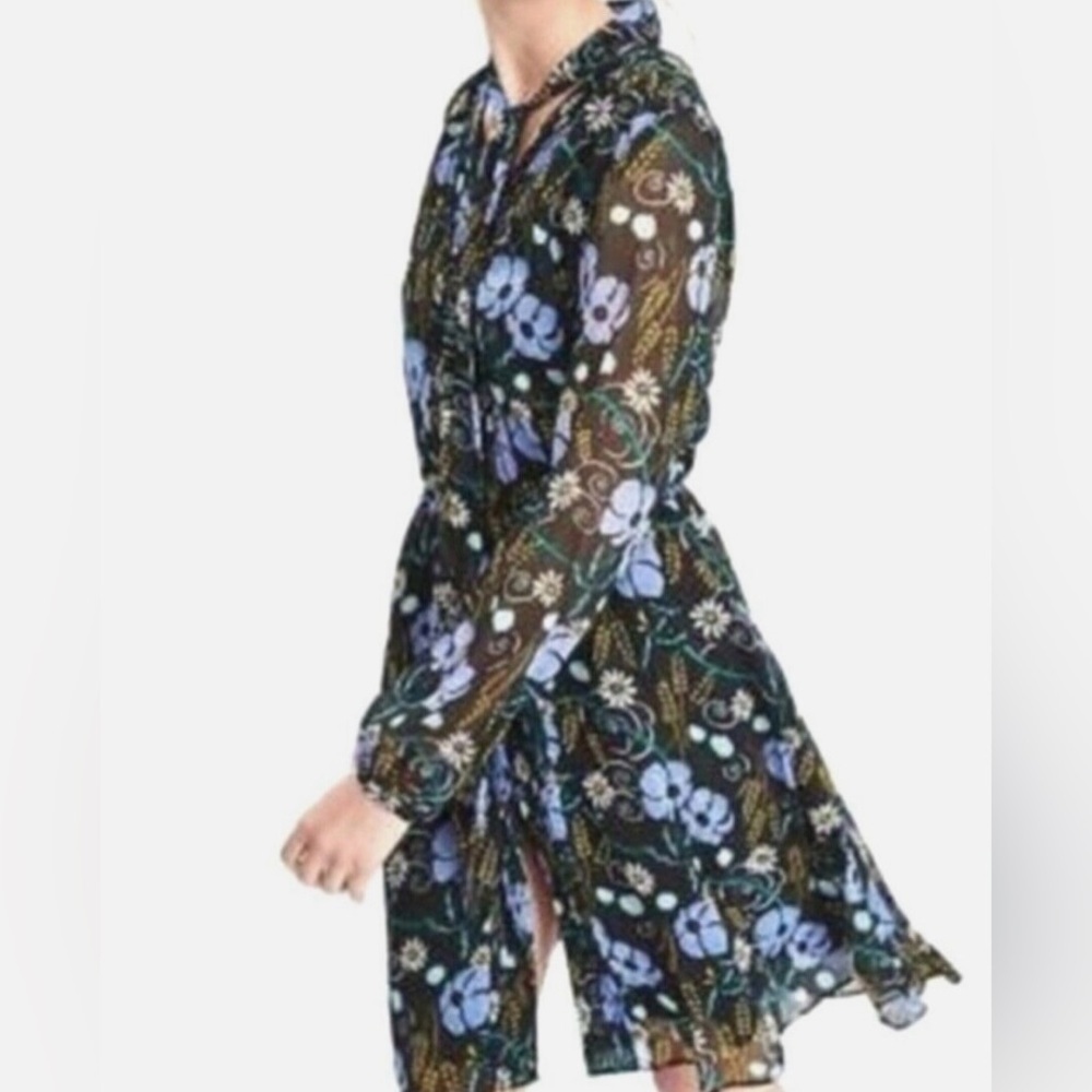 Banana Republic Black Floral Tie Neck Button Front Shirt Dress Sz S SLong Sleeve - Picture 2 of 9